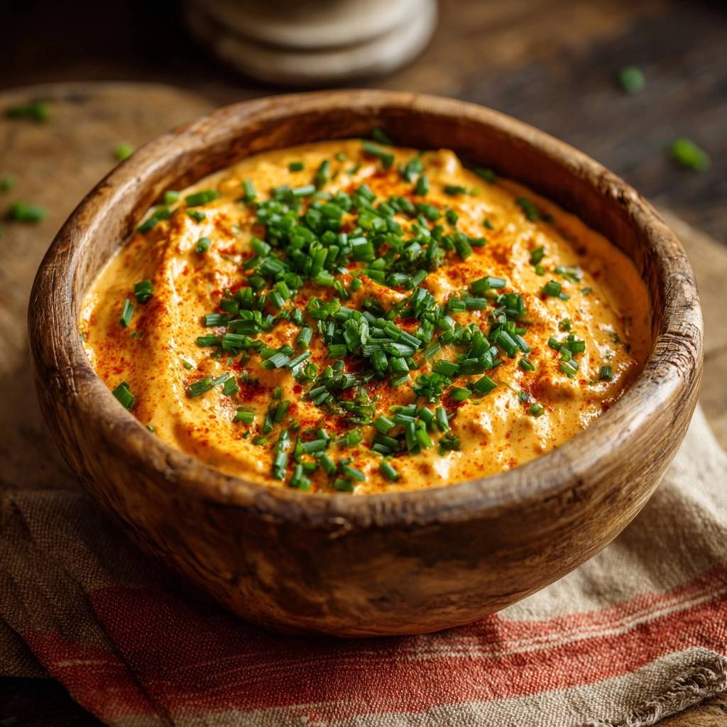 Cremiger Karotten-Schnittlauch-Dip, serviert in einer rustikalen Holzschüssel, mit frischem Schnittlauch und Paprika garniert, von oben fotografiert.