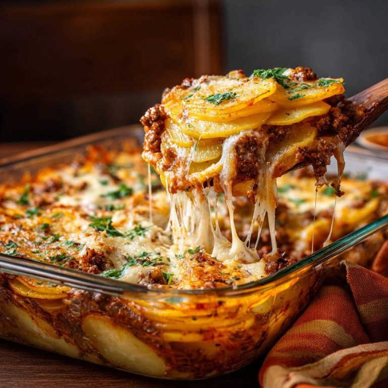 Cremiger Kartoffel-Hack-Auflauf mit geschmolzenem Käse, der sich beim Abheben vom Auflauf von der Holzschaufel zieht. Ein herzhaftes Gericht zum Abendessen.