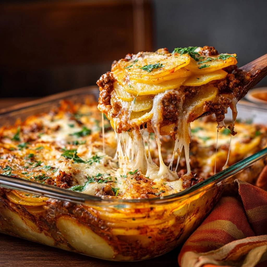 Cremiger Kartoffel-Hack-Auflauf mit geschmolzenem Käse, der sich beim Abheben vom Auflauf von der Holzschaufel zieht. Ein herzhaftes Gericht zum Abendessen.