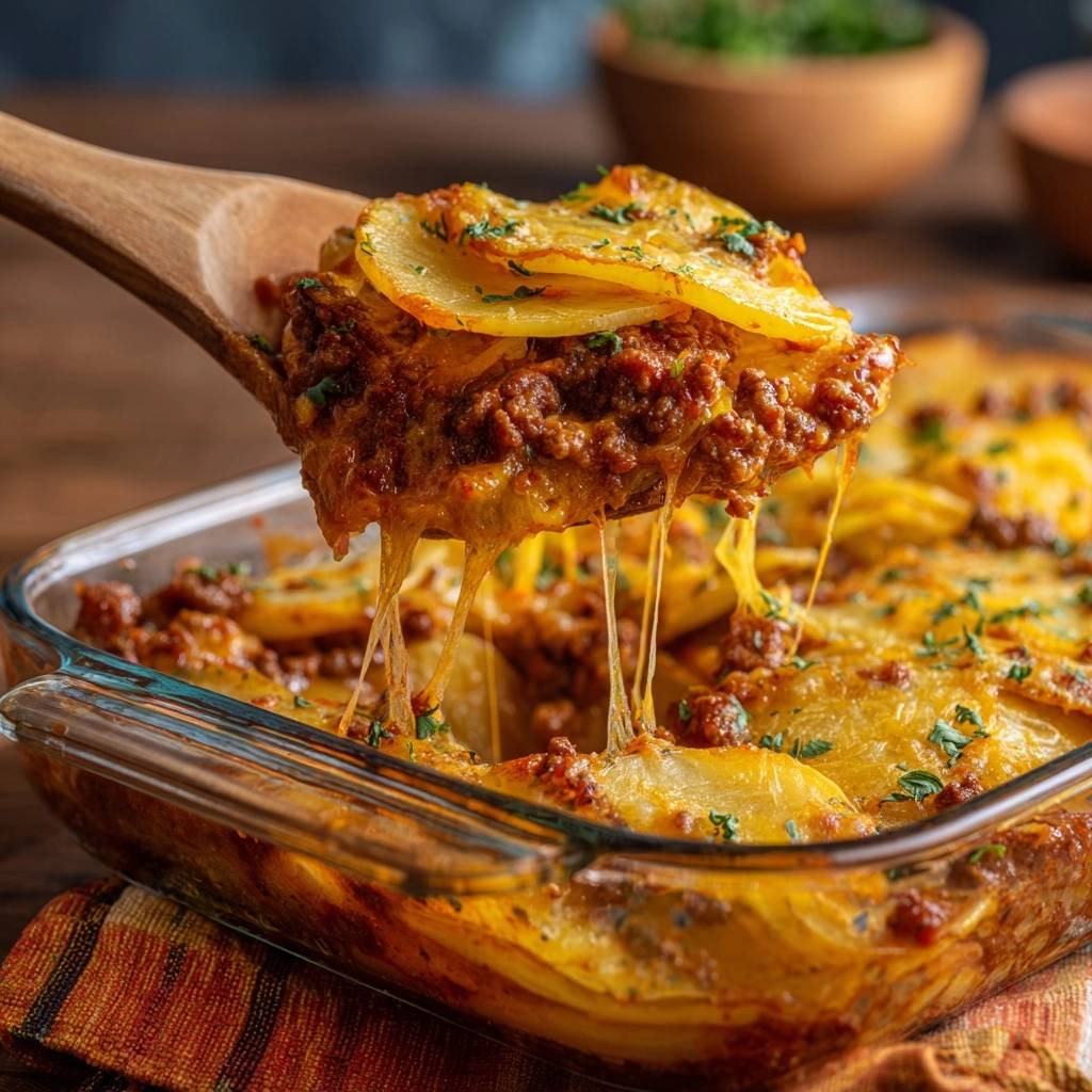 Cremiger Kartoffel Hack Auflauf Nahaufnahme Kaese 1 Cremiger Kartoffel-Hack-Auflauf mit geschmolzenem Käse, der sich beim Abheben von einer Kochlöffel zieht, serviert. Ein köstliches Gericht.