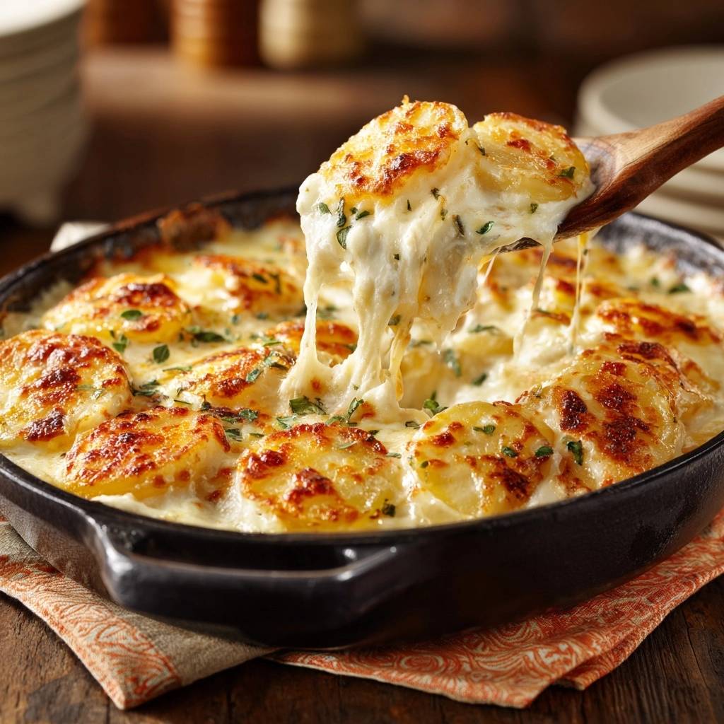 Cremiger Kartoffelgratin ohne wässrige Soße mit geschmolzenem Käse, der sich beim Abheben vom Holzkochlöffel zieht. Ein köstliches Auflaufgericht.