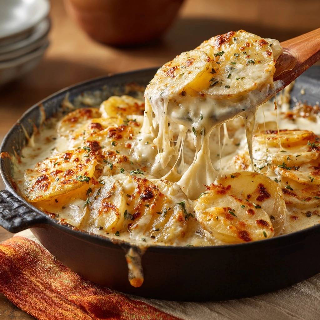 Cremiger Kartoffelgratin ohne wässrige Soße mit geschmolzenem Käse, der sich beim Abheben vom Auflauf zieht. Die cremige Textur ist deutlich sichtbar.