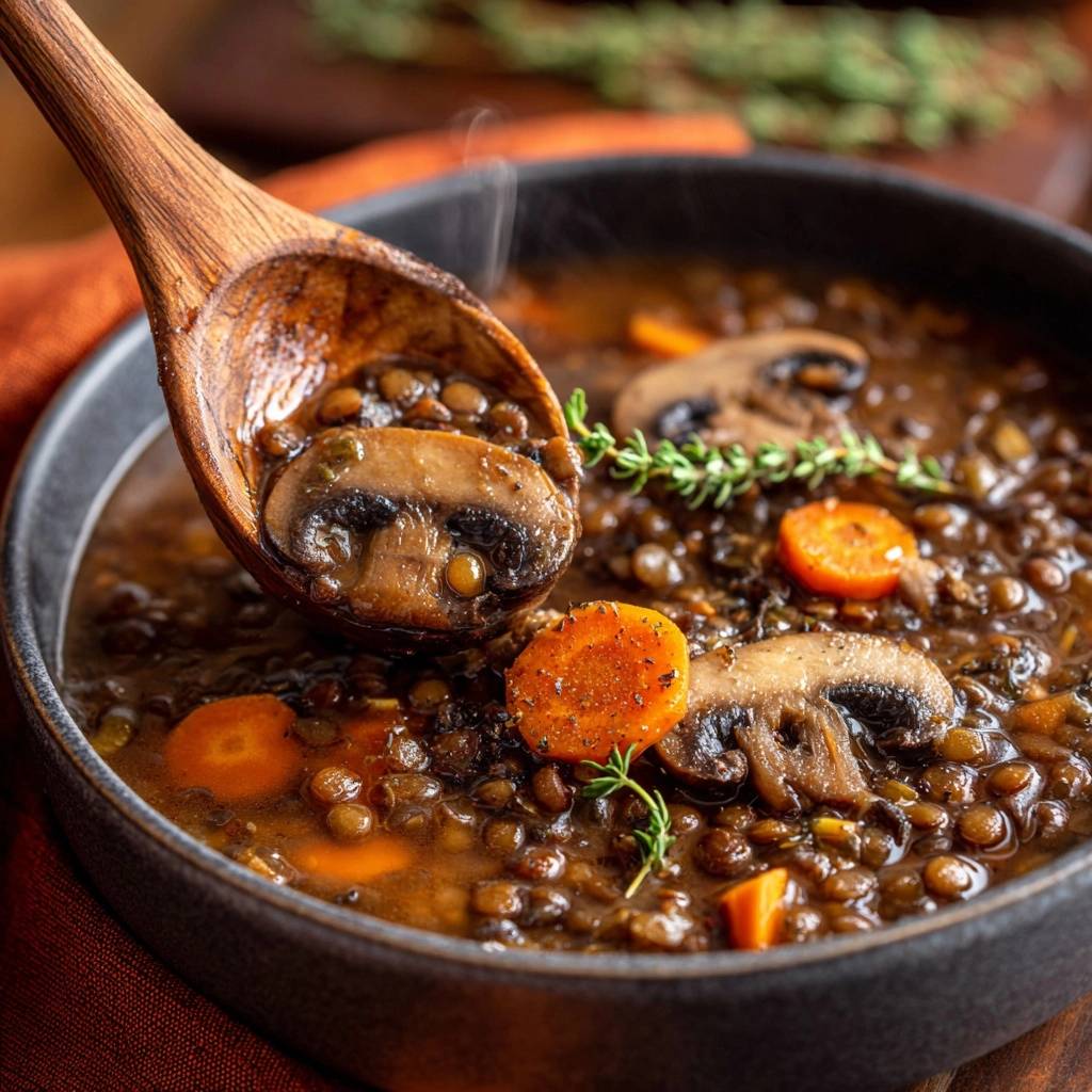 Cremiger Linseneintopf mit Pilzen und Karotten in Nahaufnahme, dampfend aus einer Holzschöpfkelle serviert, mit Pilz und Karotte.