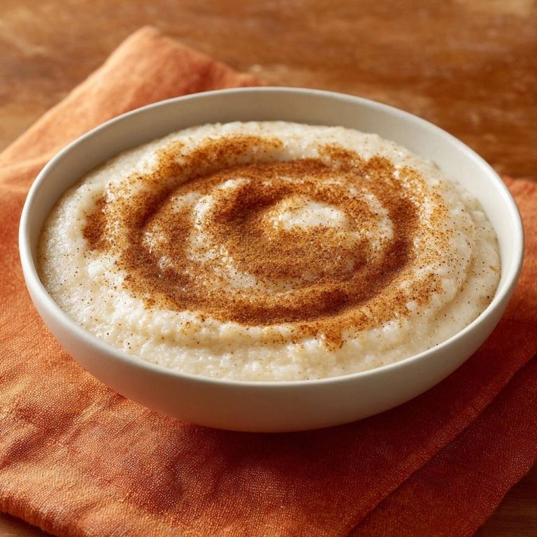 Cremiger Milchreis mit Zimt, serviert in einer weißen Schüssel, mit Zimtspirale als Topping und von oben fotografiert.