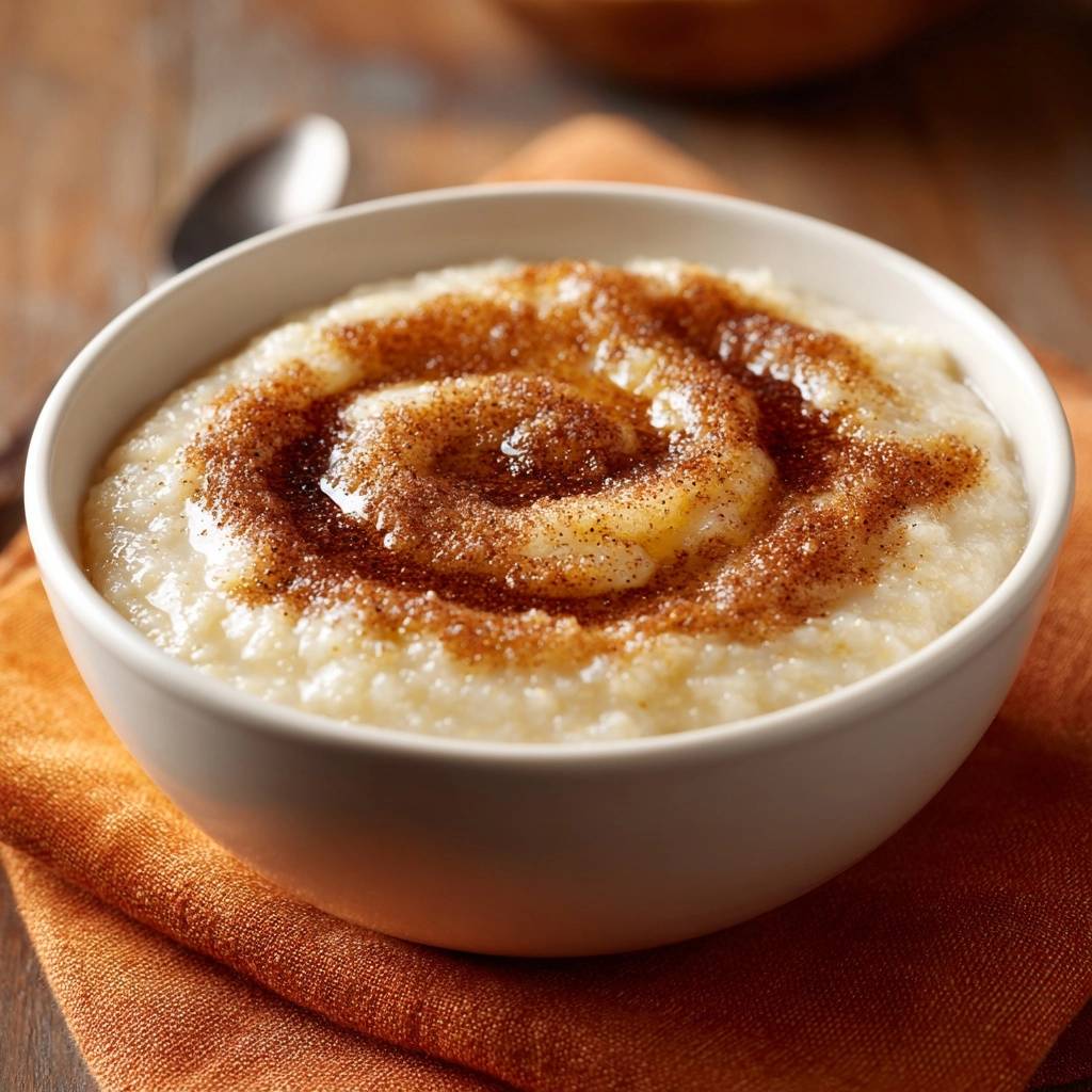 Cremiger Milchreis mit Zimt, serviert in einer weißen Schüssel, mit einem dekorativen Zimt-Topping, das appetitlich aussieht.