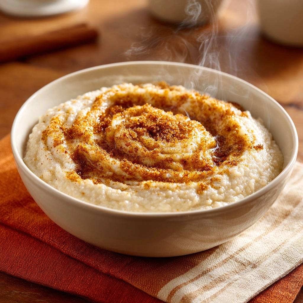 Cremiger Milchreis mit knusprigem Zimt-Zucker, serviert in einer cremefarbenen Schüssel, mit einem spiralförmigen Zimt-Zucker-Topping. Der heiße Milchreis dampft leicht.