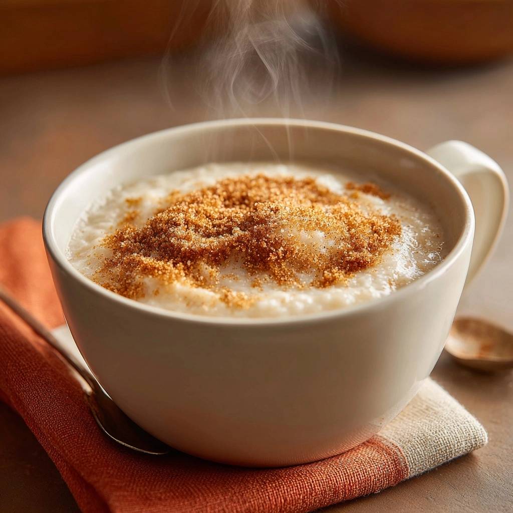 Cremiger Milchreis mit knusprigem Zimt-Zucker in einer Tasse serviert, mit heißem Dampf, der von der Oberfläche aufsteigt. Der süße Reisbrei ist mit Zimt und Zucker bestreut.