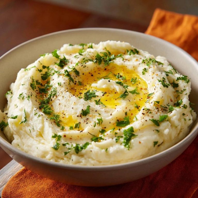 Cremiger Petersilien-Kartoffelbrei wird in einer Schüssel serviert und mit geschmolzener Butter und frischer Petersilie garniert.