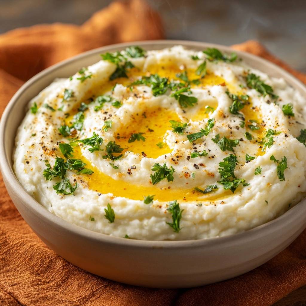 Cremiger Petersilien Kartoffelbrei Mit Oel Draufsicht 1 Cremiger Petersilien-Kartoffelbrei, serviert in einer Schüssel. Die cremige Textur des Kartoffelbreis wird mit frischer Petersilie und Olivenöl garniert.