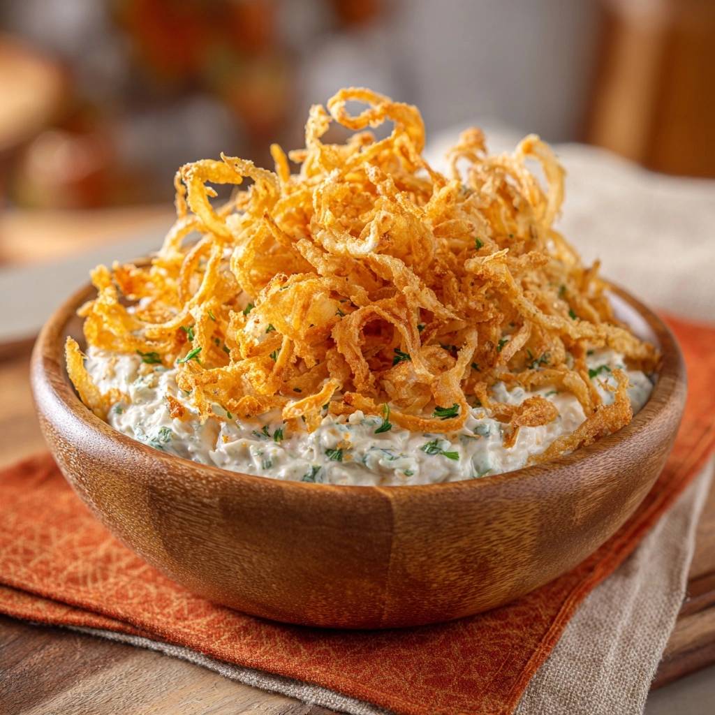 Cremiger Schnittlauch-Dip mit Crispy Onion Strings in einer Holzschüssel, serviert mit goldbraunen, knusprigen Zwiebelringen von oben betrachtet.