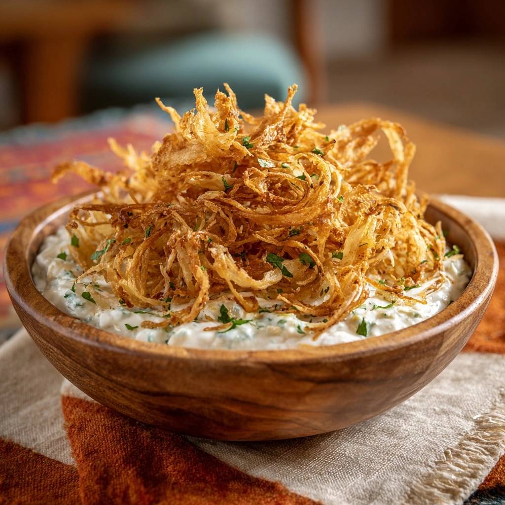 Cremiger Schnittlauch Dip Mit Crispy Onion Strings Draufsich 1 Cremiger Schnittlauch-Dip mit Crispy Onion Strings in einer rustikalen Holzschüssel, serviert mit knusprigen Zwiebelringen von oben betrachtet.