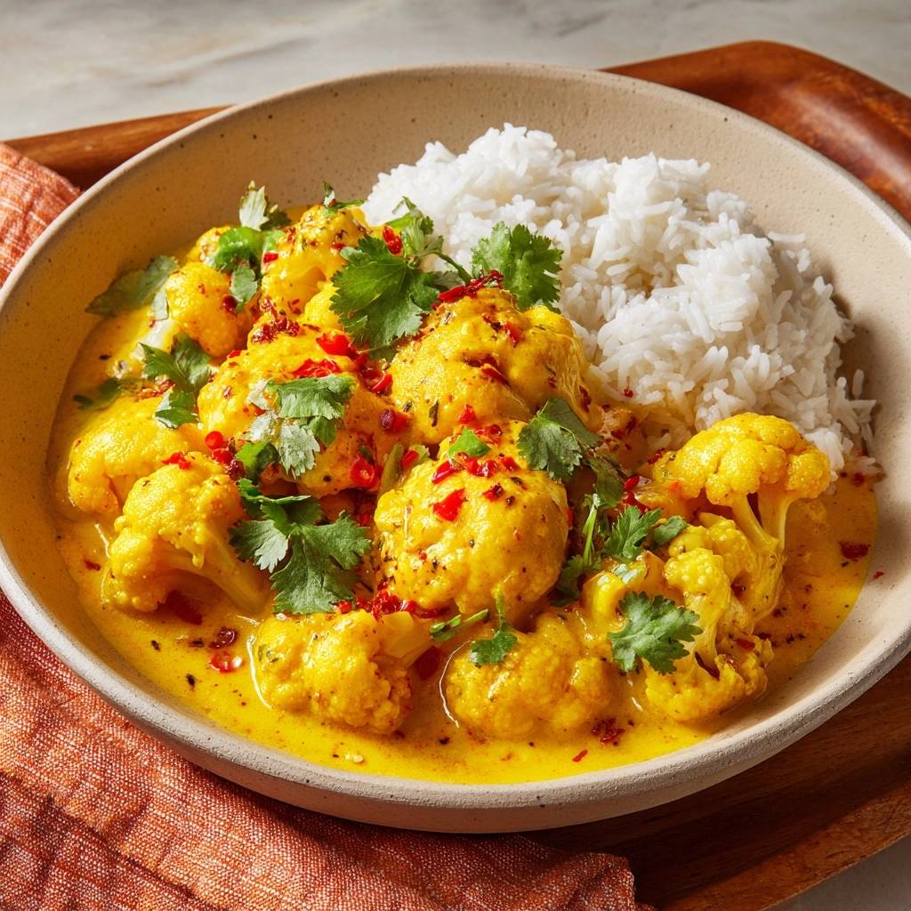 Cremiges Blumenkohl Curry Mit Reis Serviert 1 Cremiges Blumenkohl-Curry mit Reis, serviert in einer Schüssel, garniert mit frischem Koriander und roten Chiliflocken. Das Gericht wird mit fluffigem Reis serviert.