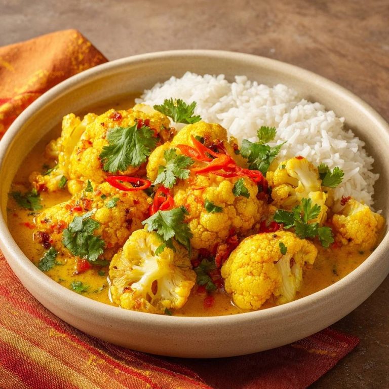 Cremiges Blumenkohl-Curry mit Reis in einer Schüssel serviert, garniert mit frischem Koriander und roten Chiliringen. Ein köstliches vegetarisches Gericht.