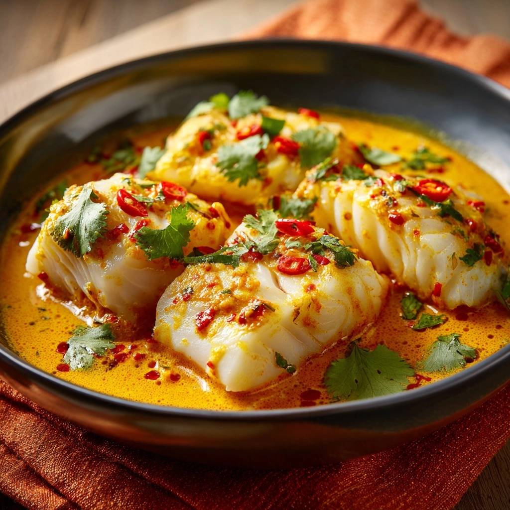 Cremiges Fisch-Kurkuma-Curry serviert in einer tiefen Schüssel, garniert mit frischem Koriander und roten Chiliringen. Das Curry ist von oben aufgenommen.