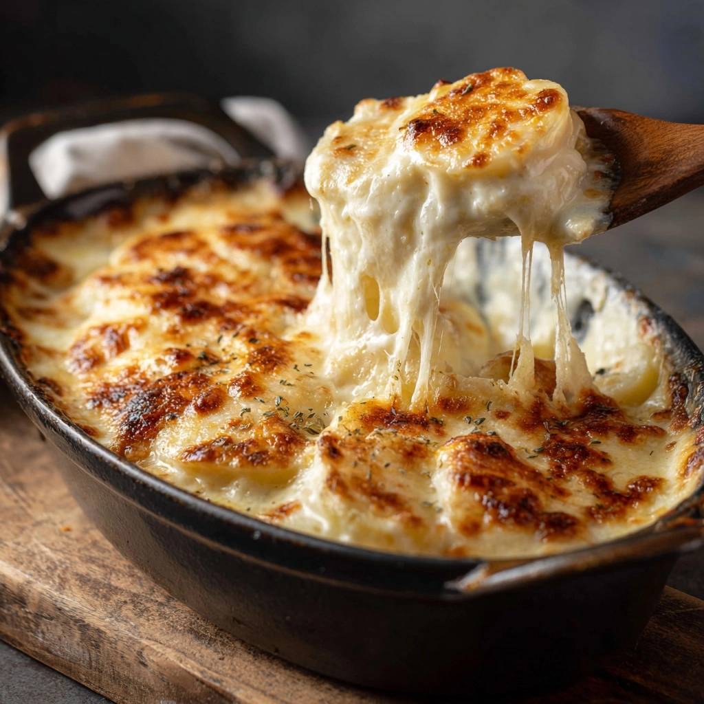 Cremiges Kartoffelgratin – ohne wässrige Soße, mit geschmolzenem Käse, der lange Fäden zieht, serviert in einer Auflaufform.