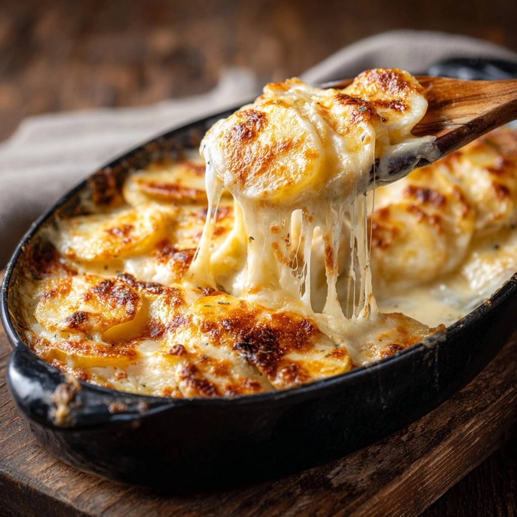 Cremiges Kartoffelgratin mit geschmolzenem Käse, der sich beim Herausheben aus der Auflaufform zieht. Ein köstliches Gericht ohne wässrige Soße.