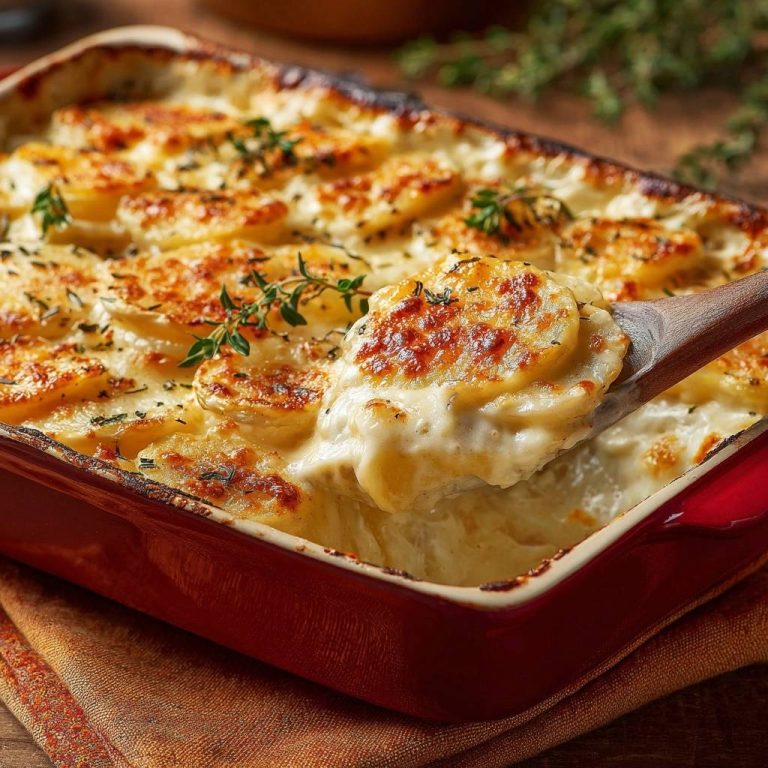Cremiges Kartoffelgratin in Nahaufnahme, serviert mit einem Holzlöffel, der eine cremige Portion des Auflaufs zeigt.