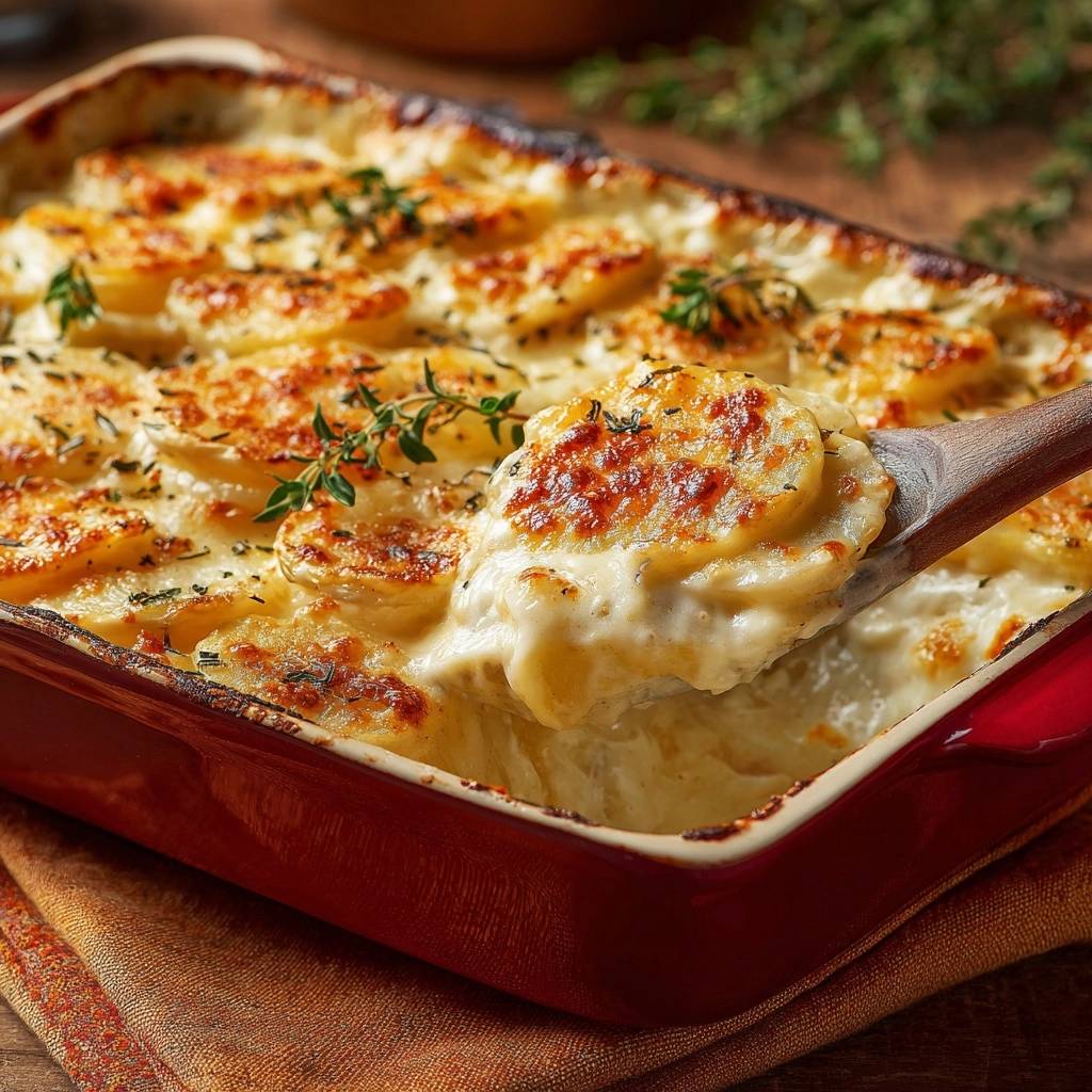 Cremiges Kartoffelgratin in Nahaufnahme, serviert mit einem Holzlöffel, der eine cremige Portion des Auflaufs zeigt.