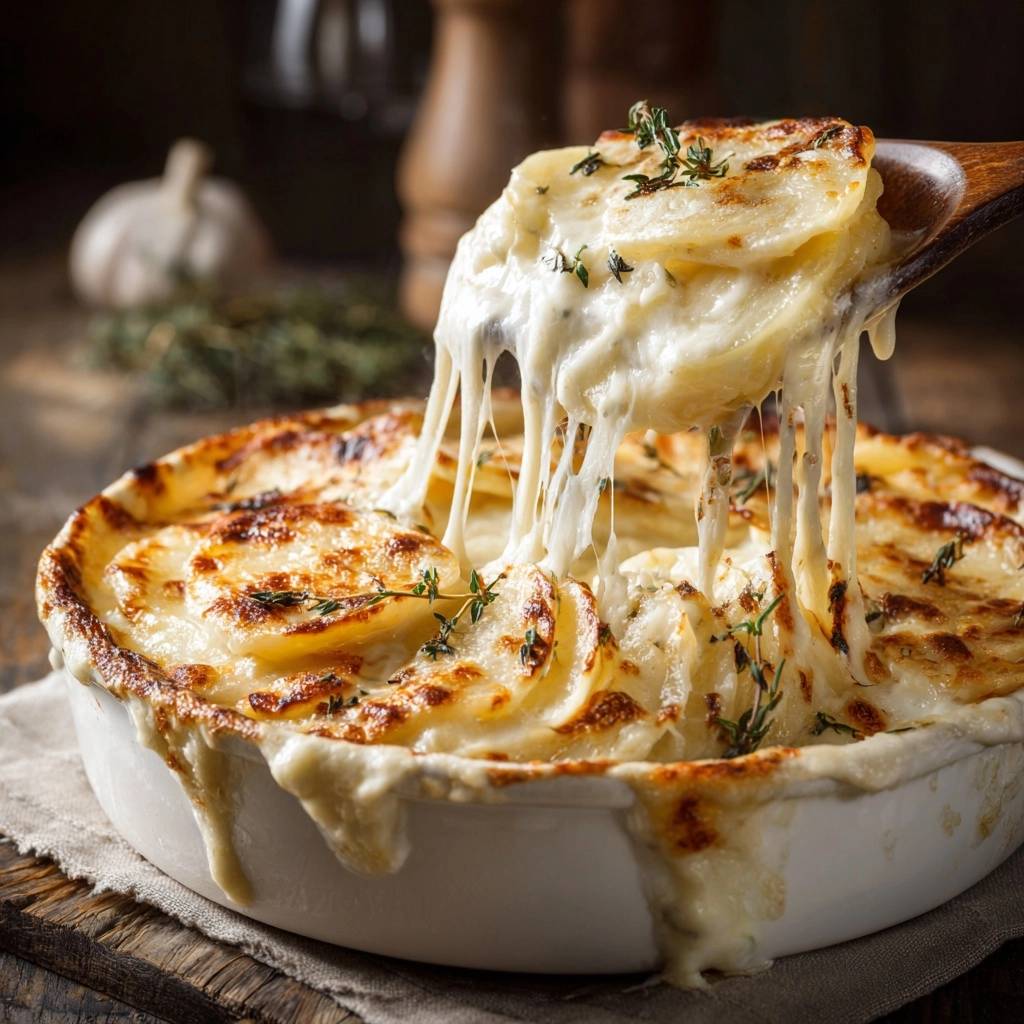 Cremiges Kartoffelgratin mit Thymian, mit geschmolzenem Käse, der appetitlich aus dem Auflauf herausgezogen wird. Eine Nahaufnahme des köstlichen Gerichts.