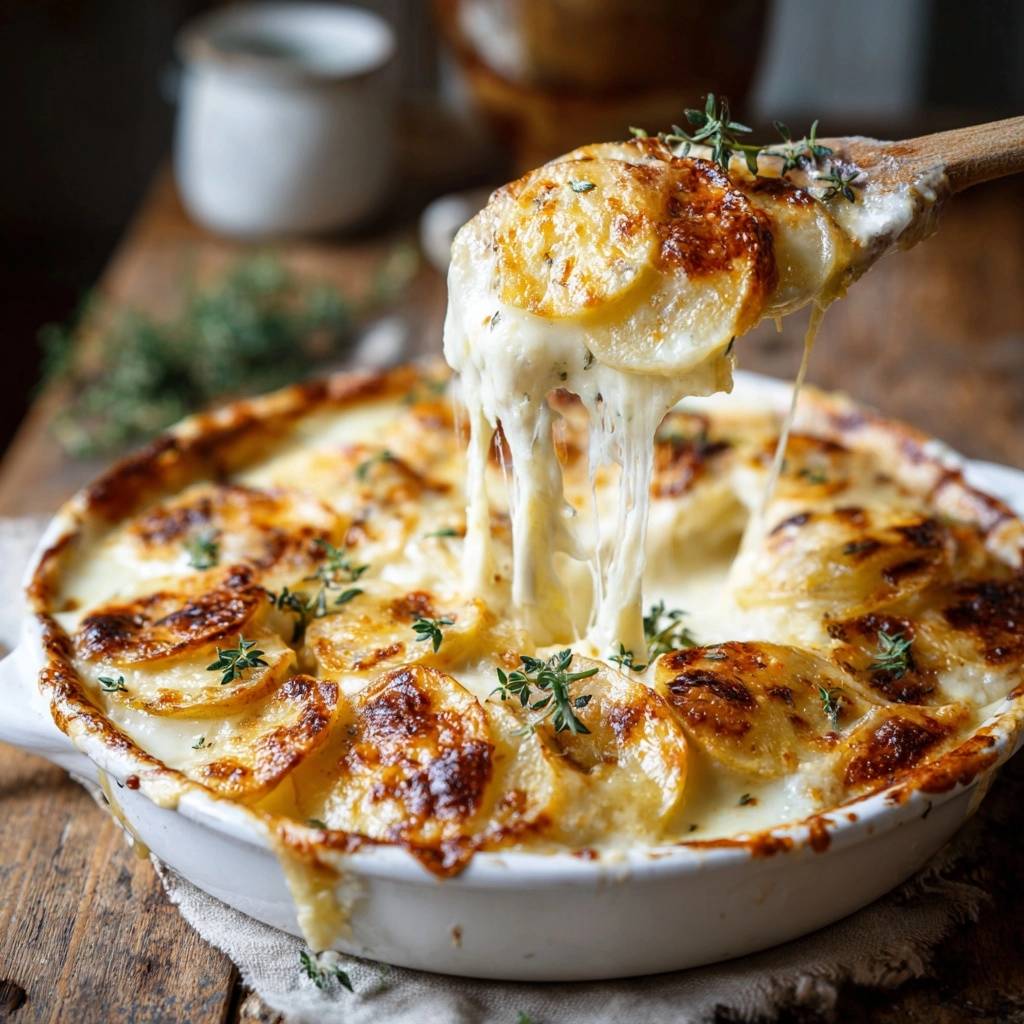 Cremiges Kartoffelgratin mit Thymian, mit geschmolzenem Käse, der sich von einem Holzlöffel zieht, serviert und mit frischem Thymian garniert.