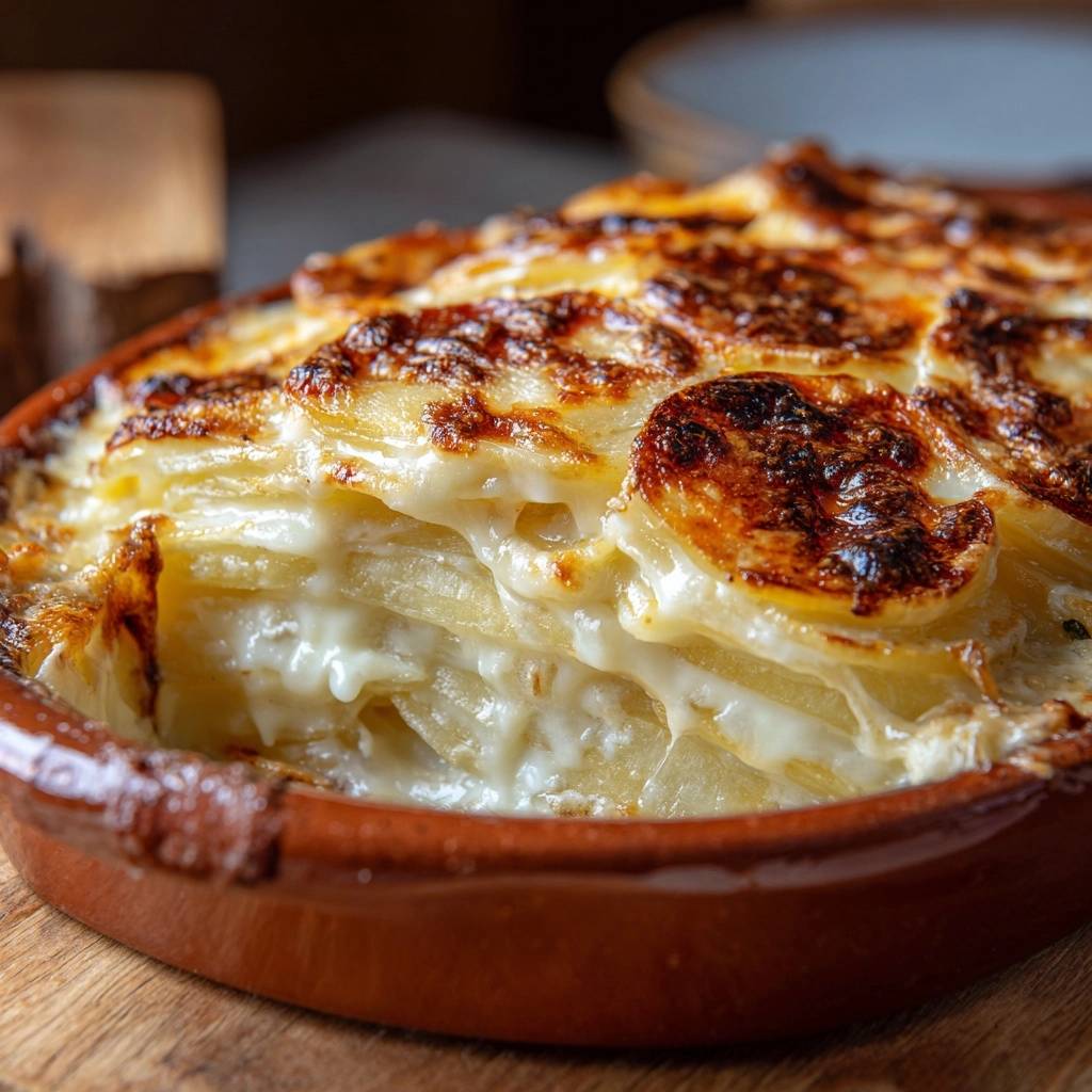 Cremiges Kartoffelgratin mit Thymian zeigt einen Nahaufnahme-Querschnitt, der die geschichteten Kartoffelscheiben und die cremige Sauce offenbart.