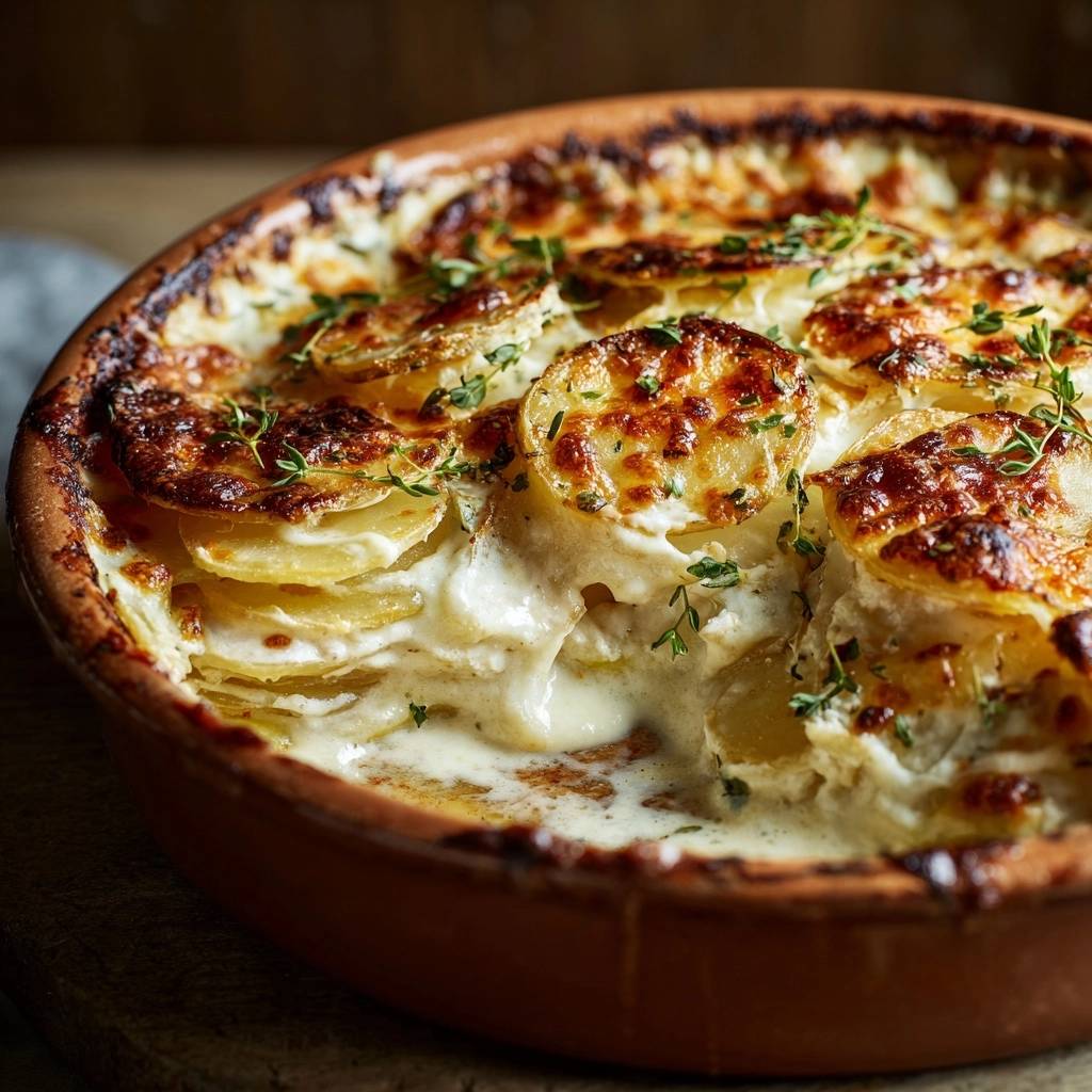 Cremiges Kartoffelgratin mit Thymian zeigt einen Nahaufnahme-Querschnitt, der die cremige Textur und die geschichteten Kartoffelscheiben offenbart. Mit frischen Thymianblättern garniert.