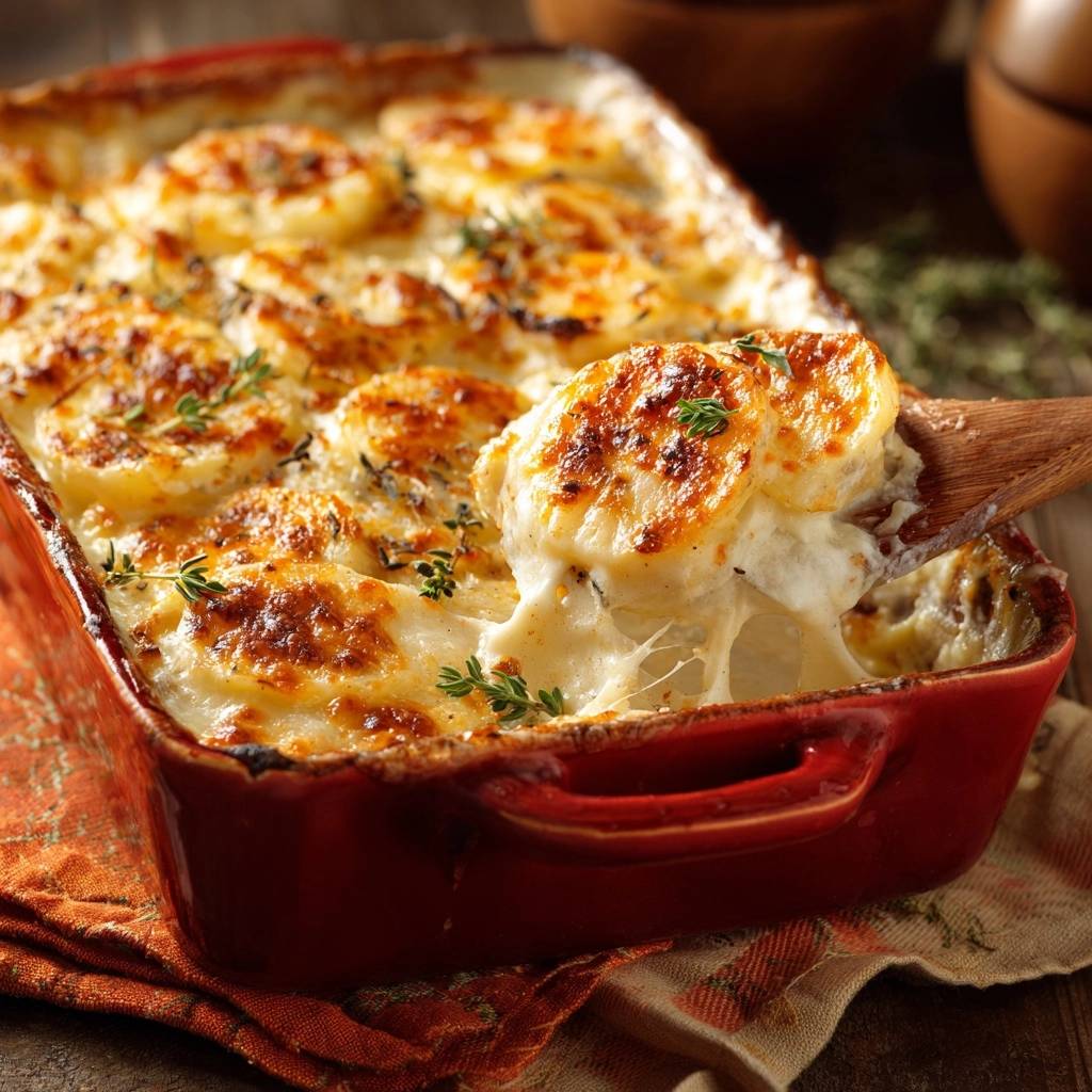 Cremiges Kartoffelgratin Nahaufnahme Mit Lffel 1 Cremiges Kartoffelgratin in Nahaufnahme, serviert mit einem Holzlöffel, der die cremige Textur und geschmolzenen Käse zeigt.
