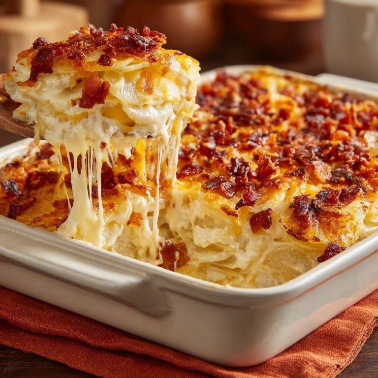 Cremiges Kartoffelgratin mit knusprigem Speck, eine Portion wird mit geschmolzenem Käse aus der Auflaufform gehoben.