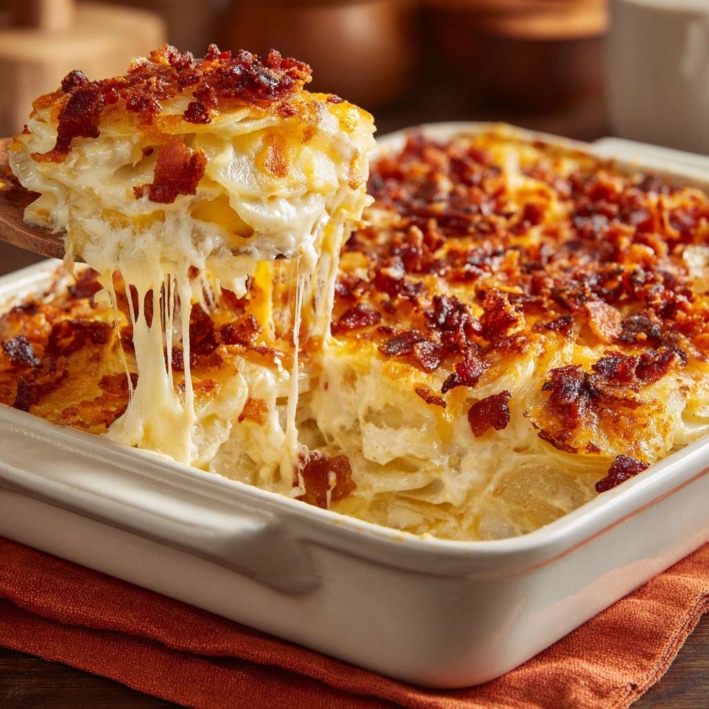Cremiges Kartoffelgratin mit knusprigem Speck, eine Portion wird mit geschmolzenem Käse aus der Auflaufform gehoben.