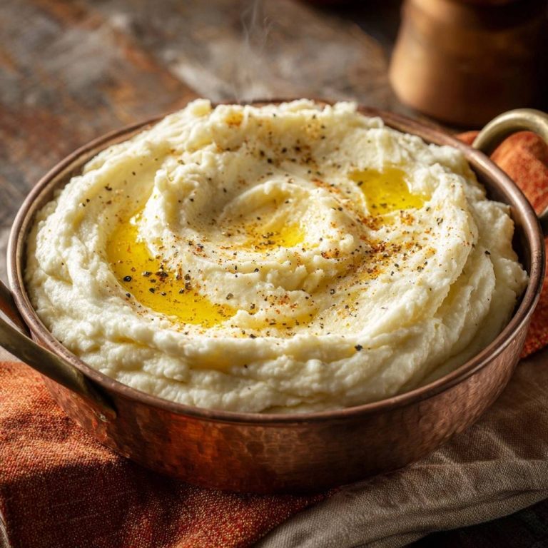 Cremiges Kartoffelpüree mit geschmolzenem Butter und schwarzem Pfeffer bestreut in einer Kupferschüssel