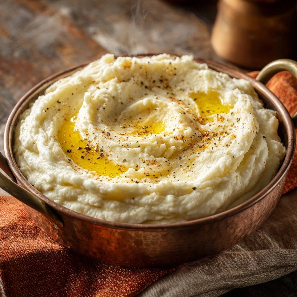 Cremiges Kartoffelpüree mit geschmolzenem Butter und schwarzem Pfeffer bestreut in einer Kupferschüssel