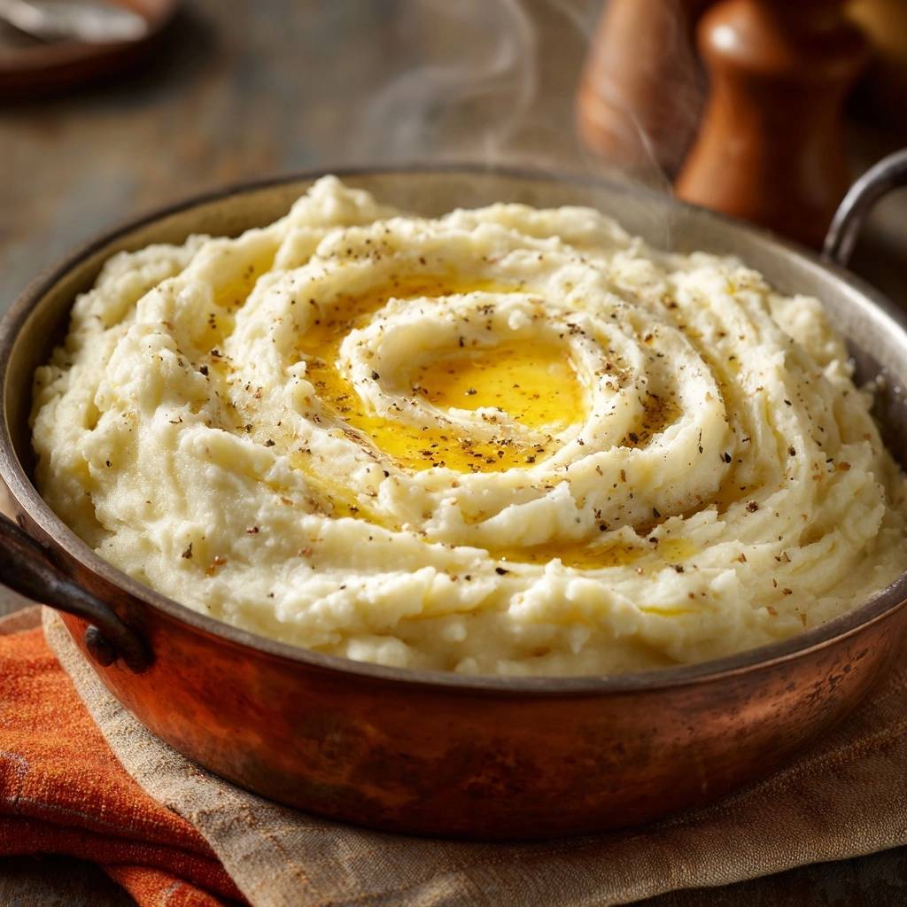 Cremiges Kartoffelpüree mit geschmolzener Butter und Pfeffer, eine Nahaufnahme der wirbelnden Textur.