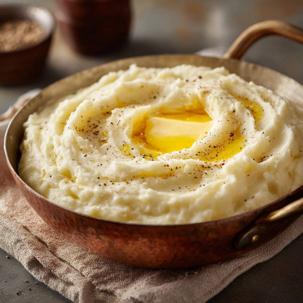 Cremiges Kartoffelpüree, serviert in einer Kupferpfanne, mit einem grossen Stück geschmolzener Butter in der Mitte und frisch gemahlenem Pfeffer.
