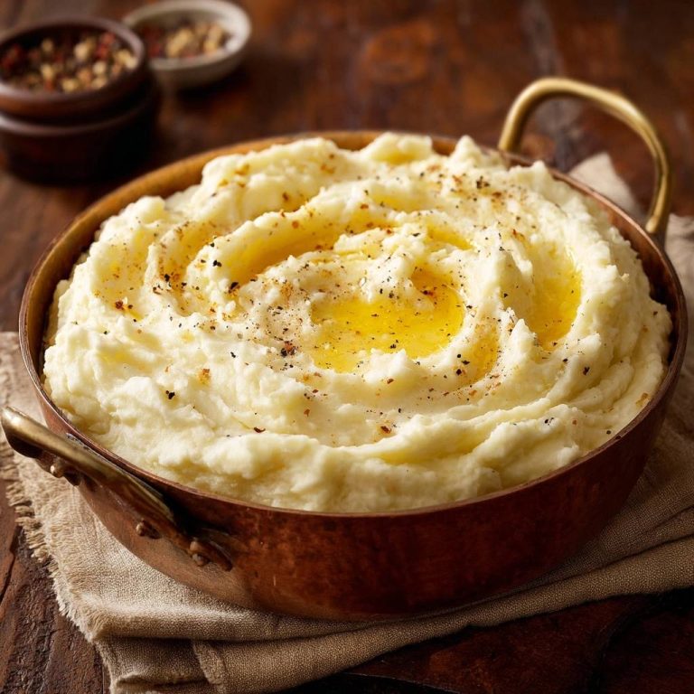 Cremiges Kartoffelpüree in einer Kupferschüssel, serviert mit geschmolzener Butter und frisch gemahlenem Pfeffer, von oben gesehen.
