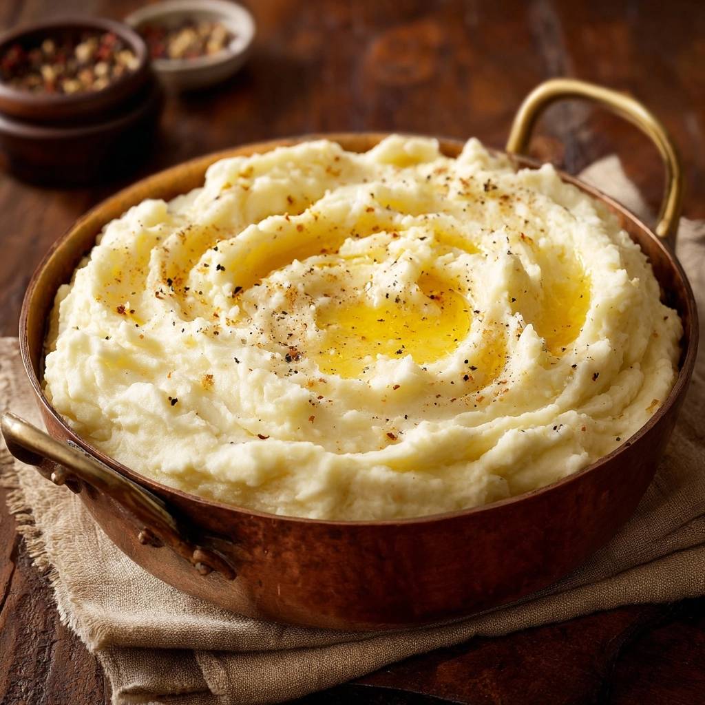 Cremiges Kartoffelpüree in einer Kupferschüssel, serviert mit geschmolzener Butter und frisch gemahlenem Pfeffer, von oben gesehen.