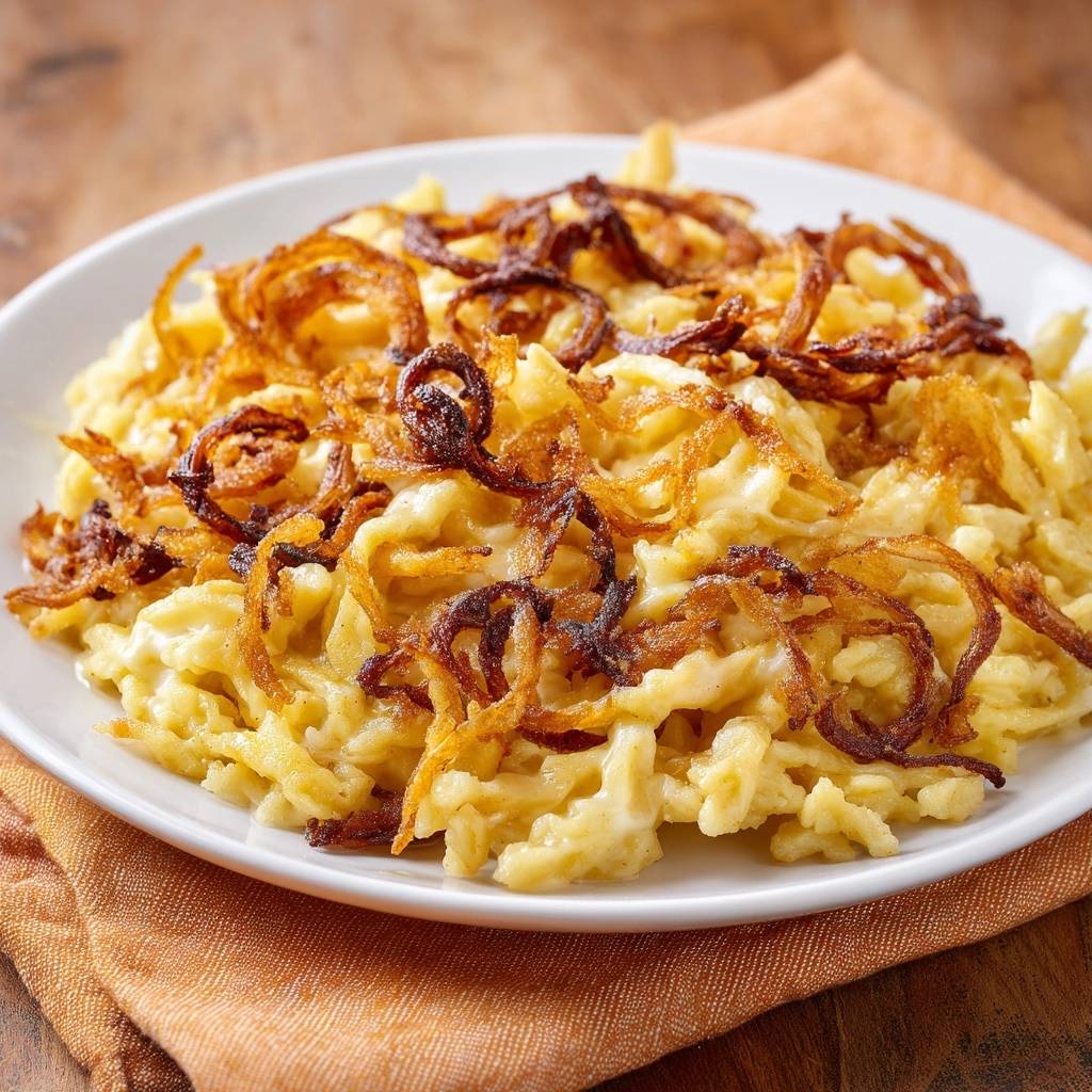 Cremiges Kase Kartoffel Puree Mit Knusprigen Zwiebeln Draufs 1 Cremiges Käse-Kartoffel-Püree mit knusprigen Zwiebeln, serviert auf einem weißen Teller, von oben fotografiert mit knusprigen Zwiebeln als Topping.