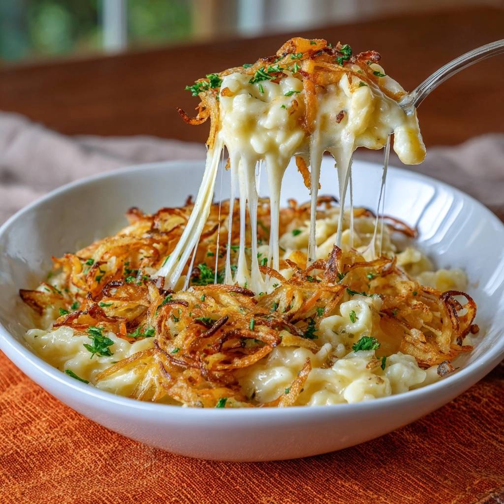 Cremiges Käse-Kartoffelpüree mit knusprigen Röstzwiebeln zeigt geschmolzenen Käse, der sich von einer Gabel zieht und die cremige Textur offenbart.