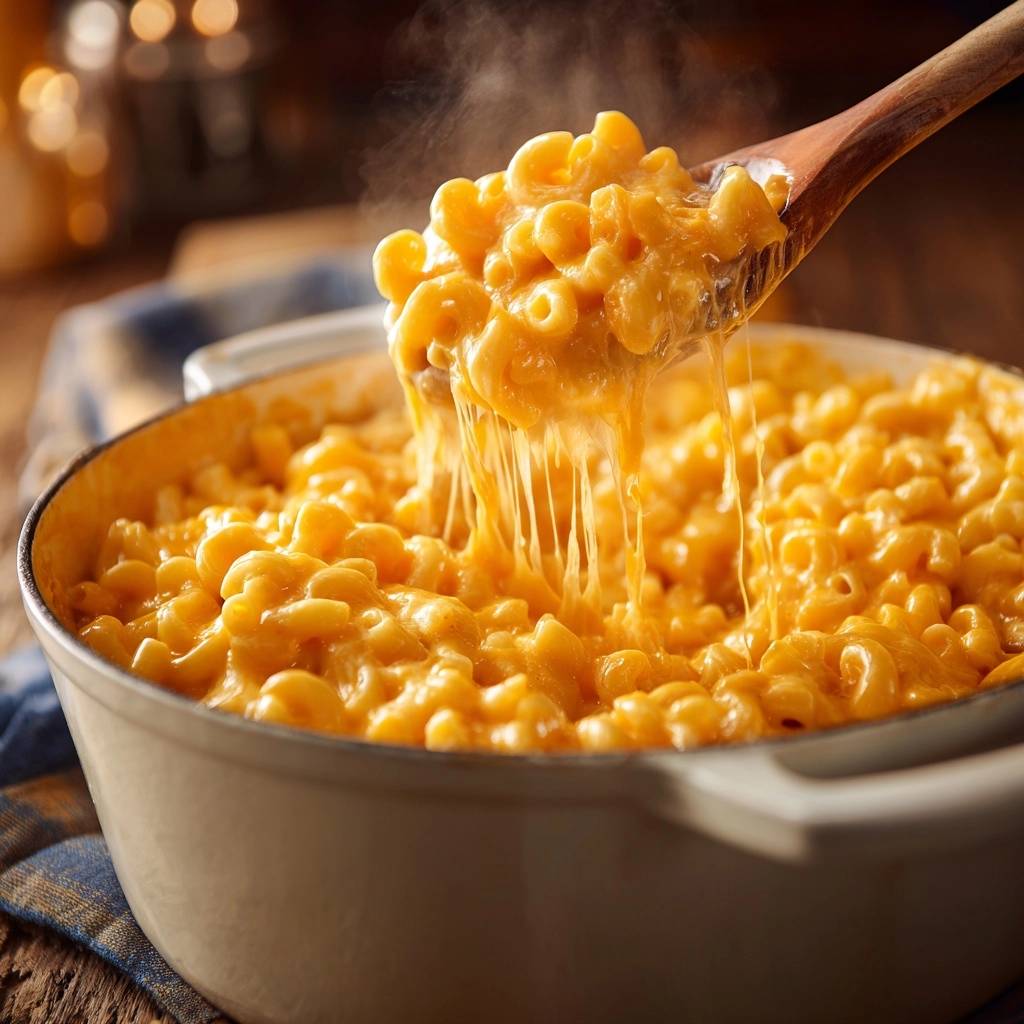 Cremiges Mac And Cheese Kaese Zieht Faeden 1 Cremiges Mac and Cheese mit geschmolzenem Käse, der lange Fäden zieht, serviert in einer rustikalen Auflaufform. Ein wahrer Genuss!