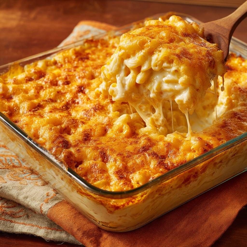 Cremiges Ofen-Mac and Cheese: Eine hölzerne Servierkelle hebt den saftigen, geschmolzenen Käse aus der Auflaufform.