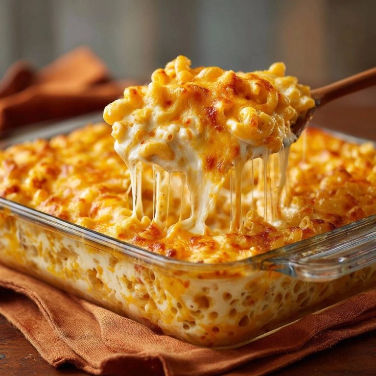 Cremiges Ofen-Mac and Cheese mit geschmolzenem Käse, der sich beim Abheben des Löffels saftig zieht. Ein Genuss für Käse- und Nudelliebhaber!