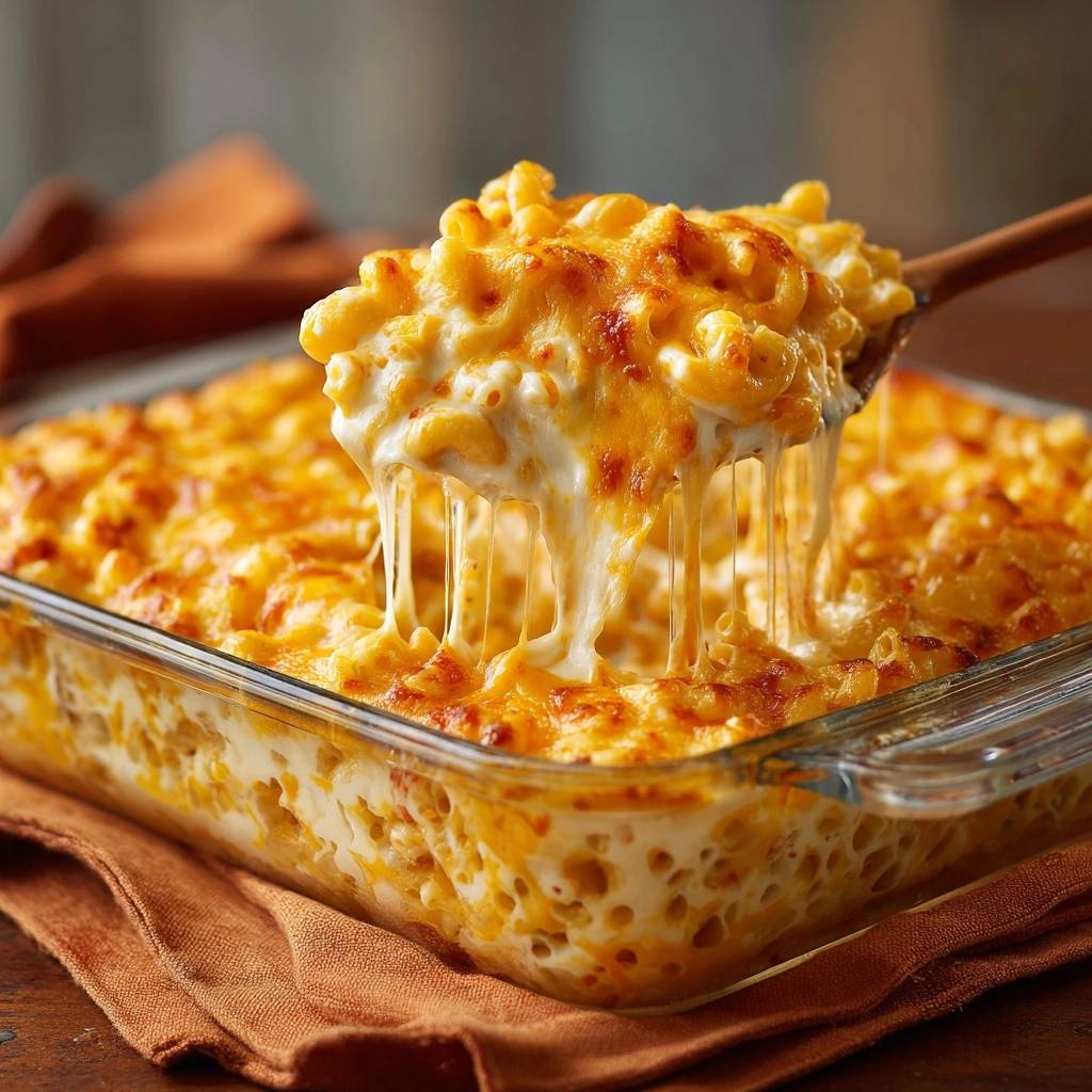 Cremiges Ofen-Mac and Cheese mit geschmolzenem Käse, der sich beim Abheben des Löffels saftig zieht. Ein Genuss für Käse- und Nudelliebhaber!