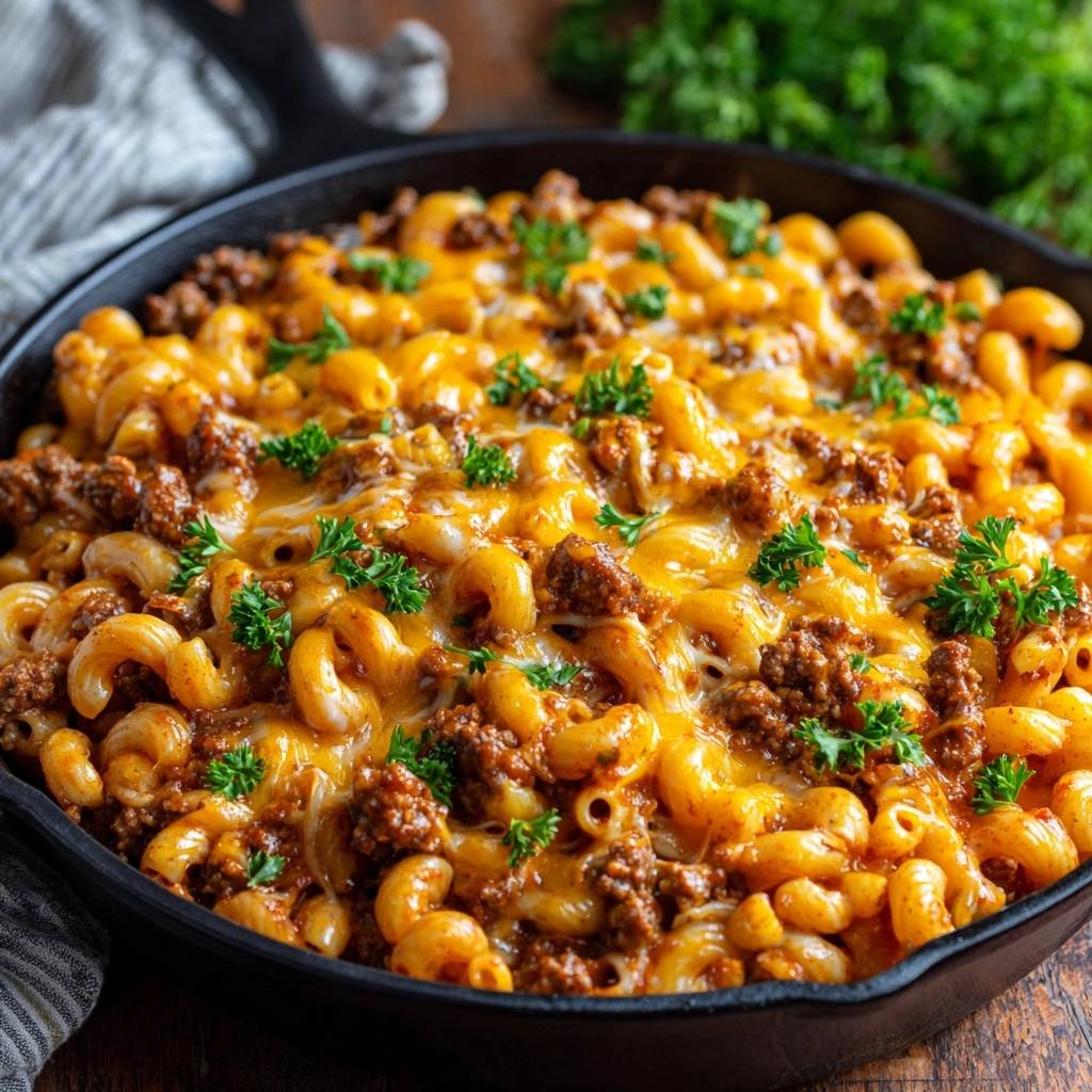 Cremiges One-Pan Hack-Mac & Cheese ist in einer gusseisernen Pfanne von oben zu sehen, mit geschmolzenem Käse und frischer Petersilie garniert.