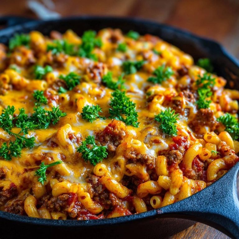 Cremiges One-Pan Hack-Mac & Cheese, garniert mit frischer Petersilie und geschmolzenem Käse, serviert in einer gusseisernen Pfanne.