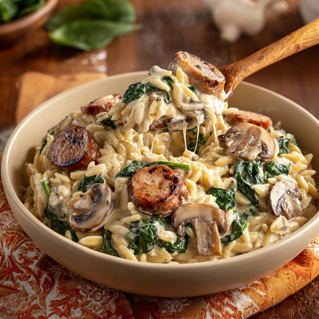 Cremiges Orzo mit Spinat, Pilzen und Würstchen in einer Nahaufnahme, die die cremige Soße und die Zutaten zeigt, die gerade von einem Löffel gehoben werden.