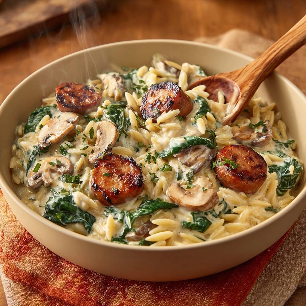 Cremiges Orzo mit Spinat, Pilzen und Würstchen in einer Nahaufnahme, dampfend heiß und serviert in einer cremigen Soße.