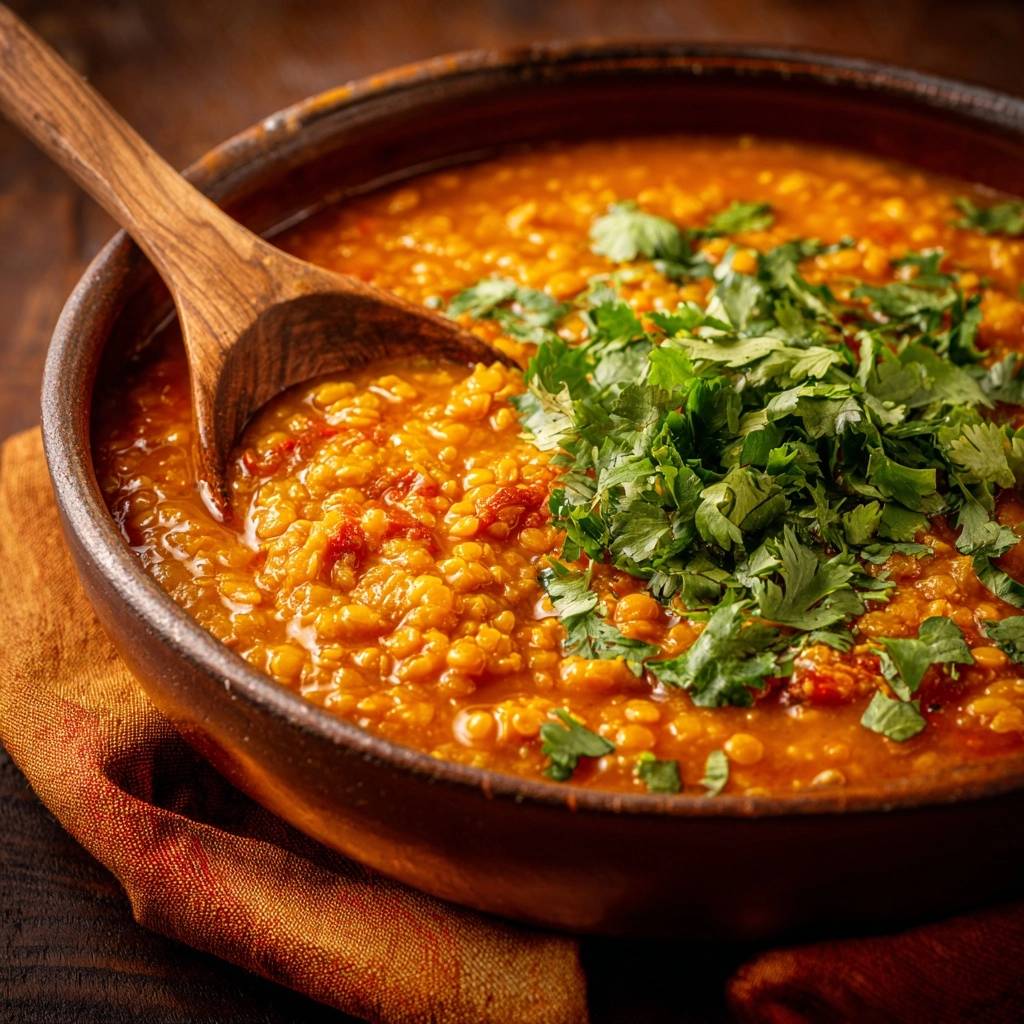Cremiges Rotes Linsen Dal Nahaufnahme Mit Koriander 1 Cremiges Rotes Linsen-Dal in einer rustikalen Schüssel, garniert mit frischem Koriander. Eine Nahaufnahme zeigt die cremige Konsistenz und die leuchtenden Farben.