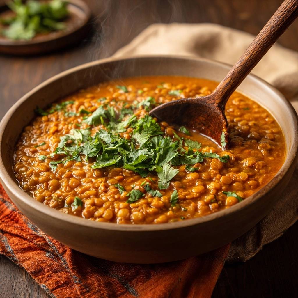 Cremiges rotes Linsencurry mit frischen Kräutern in einer Nahaufnahme, aus einer Holzschüssel serviert und dampfend.