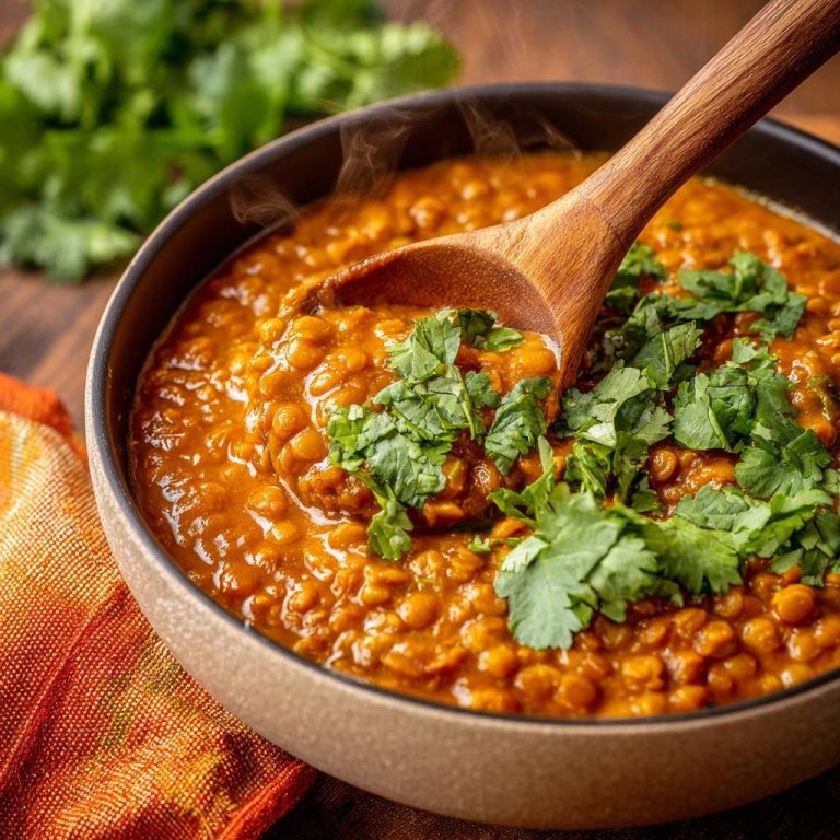 Cremiges Rotes Linsencurry in Nahaufnahme, garniert mit frischem Koriander, wird mit einem Holzlöffel aus einer Schüssel geschöpft.