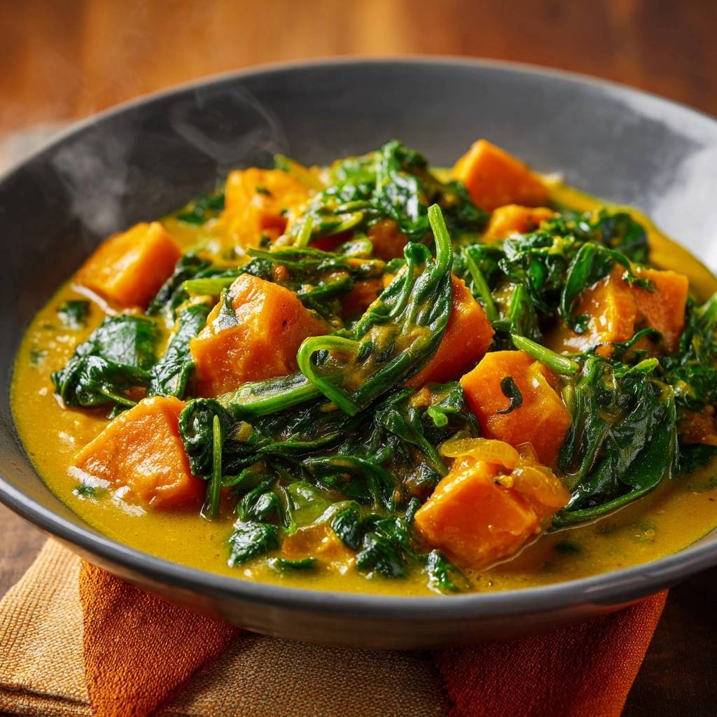 Cremiges Suesskartoffel Spinat Curry Nahaufnahme 1 Cremiges Süßkartoffel-Spinat-Curry in Nahaufnahme, dampfend serviert in einer grauen Schüssel, mit knackigem Spinat und leuchtenden Süßkartoffelstücken.