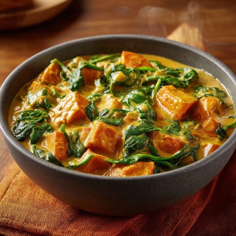 Cremiges Süßkartoffel-Spinat-Curry in einer grauen Schüssel, mit einer Nahaufnahme, die die cremige Textur zeigt.